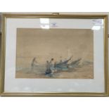 Manuel Tabares: Figures in beached fishing boats on the shore, watercolour, signed, 27 x 41 cm,