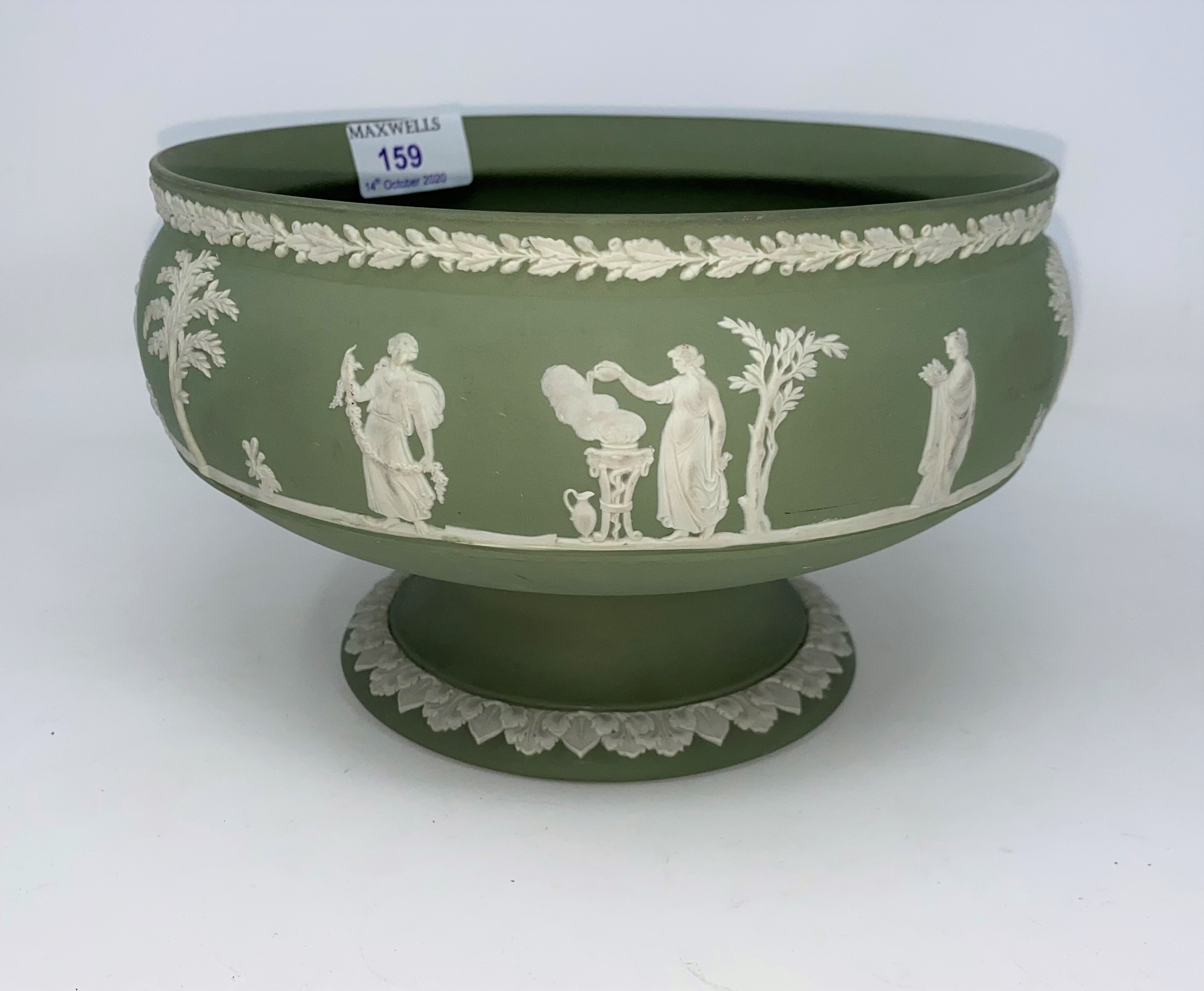 A Wedgewood Jasperware green pedestal bowl decorated with classical scenes. - Image 2 of 2