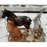 Three Hummel figures of children; a Beswick cat; a Lladro style figure; a shire horse