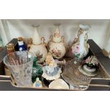 A selection of decorative china: 2 Wade Bell's Whisky decanters; a pair of Royal Worcester style