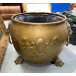 A Victorian style cauldron shaped brass coal /log bucket with lion mask and ring handles and paw