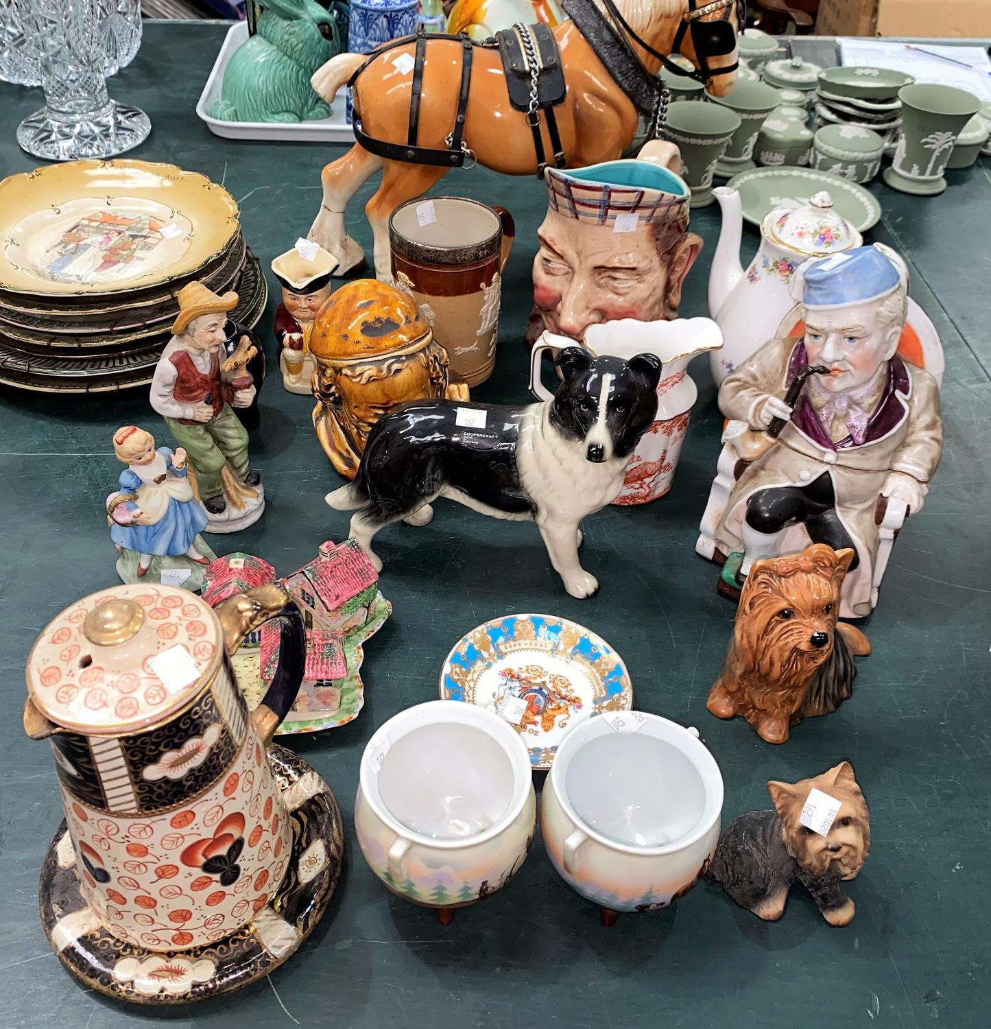 A Sylvac dog, a Crown Derby jug and a selection of decorative pottery