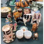 A Sylvac dog, a Crown Derby jug and a selection of decorative pottery