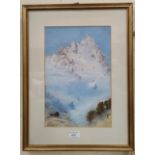 Herbert Moxon Cook: Water colour of snowy mountain with cabin in foreground. 36cm x 24cm. Signed