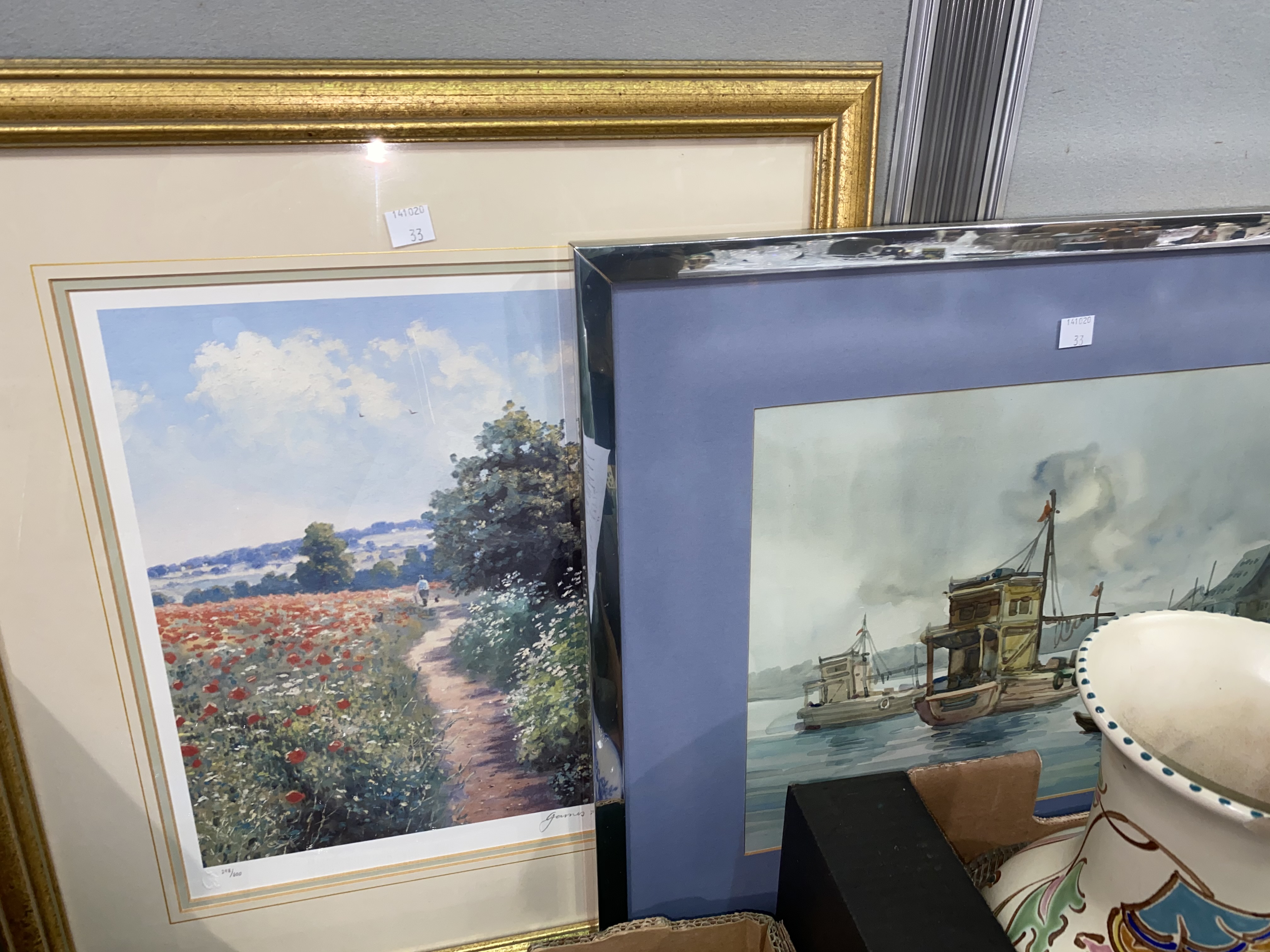 Four limited edition prints; a watercolour depicting Chinese fishing boats, all framed and glazed