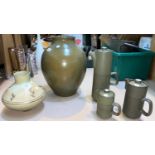 A large ovoid studio stoneware vase, unmarked 41cm; another vase and studio pottery part coffee set