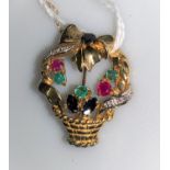 A yellow metal basket brooch set with 2 rows of small diamonds and coloured gem stones, unmarked