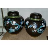 A pair of Chinese cloisonné vases decorated with blue birds on a black ground, 20 cm