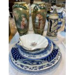 A pair of Vienna porcelain vases and a selection of blue & white pottery