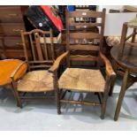 A 19th century country made armchair with raffia seat; a similar chair