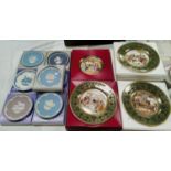 Six Caverswall Christmas plates, Dickensian scenes, with original certificates, etc.; 5 Wedgwood