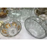 An amber overlaid and cut fruit bowl, a heavy cut basket, 6 cut punch cups and other glassware