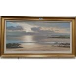 A Duval: Coastal scene at sunset, oil on canvas, signed, 34 x 76 cm, framed