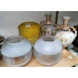 A pair of Edwardian vases; three glass light shades & a chandelier fitting.