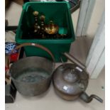 A 19th Century copper kettle, a brass jampan, pair of candlesticks and other brassware