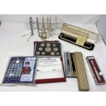 A selection of costume jewellery; a Parker "Duofold" pen and others; a 1999 proof coin set; etc.