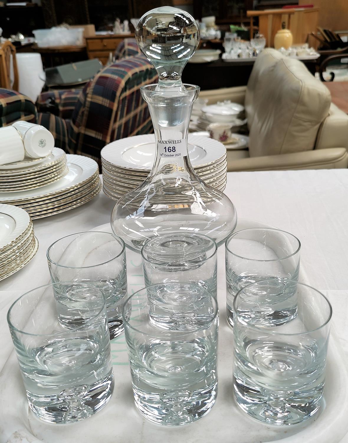 A set of 6 Scandinavian heavy glass whiskey tumblers (one rim chip) and matching decanter
