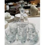A set of 6 Scandinavian heavy glass whiskey tumblers (one rim chip) and matching decanter