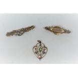 A victorian seed pearl bar brooch 9 carat hallmarked gold Chester 1893. Another stamped 9 carat