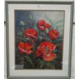 June Peel; Still life of Poppies in bud/full flower, watercolour, framed (artist label en verso)