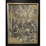 An antique print from a woodcut by Albrecht Dürer: "Knight & Landsknecht", framed and glazed; a