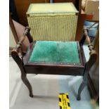 A Lloyd Loom linen basket; an Edwardian Piano Stool & a Card Table.