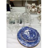 A selection of drinking glasses and blue & white china