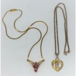 A 9 carat hallmarked gold pendant on 9 carat box chain, 5.5 gm; a gilt gem set pendant