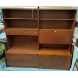 A pair of mid-century teak full height bookcase/wall units; one with shelves and drawers; one with