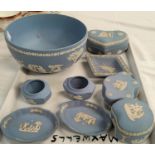 A Wedgewood Jasperware powder blue bowl diameter and a selection of Wedgewood Jasperware trinket