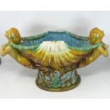 A Mintons style modern Majolica boat shaped vase with female figurehead handles