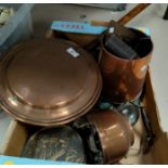 A copper bedpan with a selection of metalware etc.