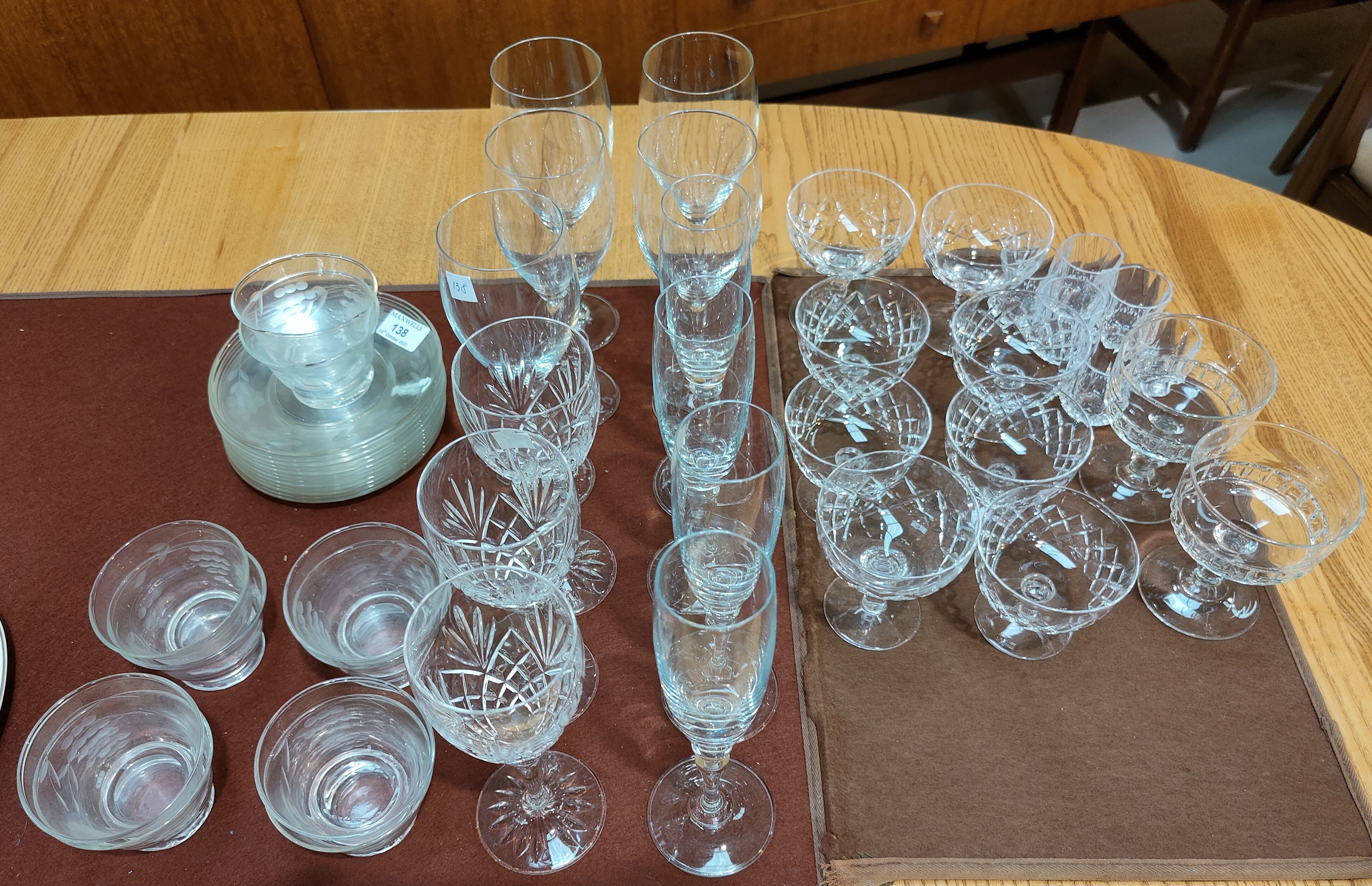 A set of 10 1950's Canadian etched dessert bowls and plates and other glassware