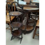 An Oak demi-lune table with barley twist legs and a similar cake stand