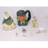 Two Royal Doulton figures: Soiree HN2312 & Baby HN1679; a character jug: St George D6618; a Coalport