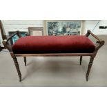 An Edwardian mahogany duet stool/window seat on turned legs, rust upholstery; 2 oak coffee tables