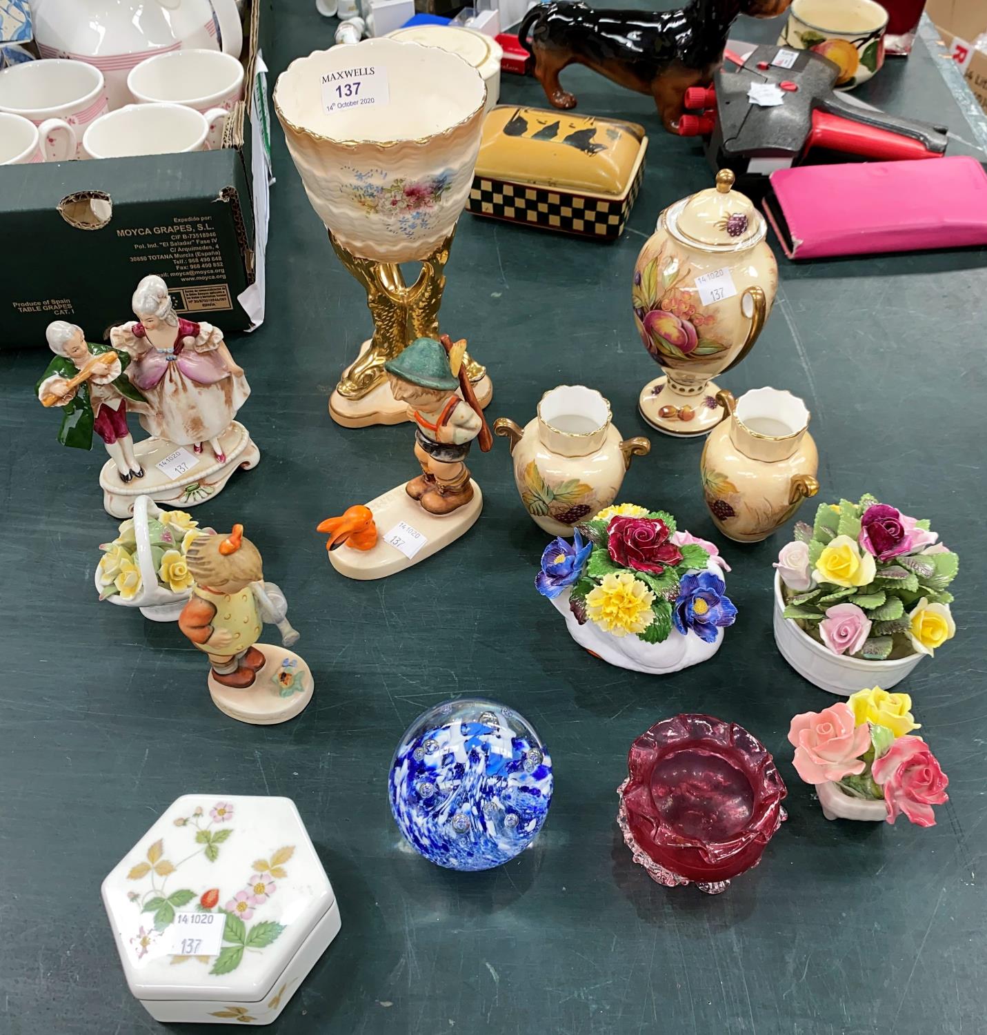 A selection of decorative china including 2 Hummel figure, 3 Aynsley vases etc