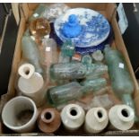 A selection of small glass & stone jars, including a Cumbrian Waters Ruthin registered bottle etc.