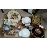 A laquer effect miniature Japanese stacking picnic set. A selection of French shell dishes; brass