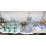 A selection of various cut glass; A set of 6 green twisted stem Coupe glasses etc.