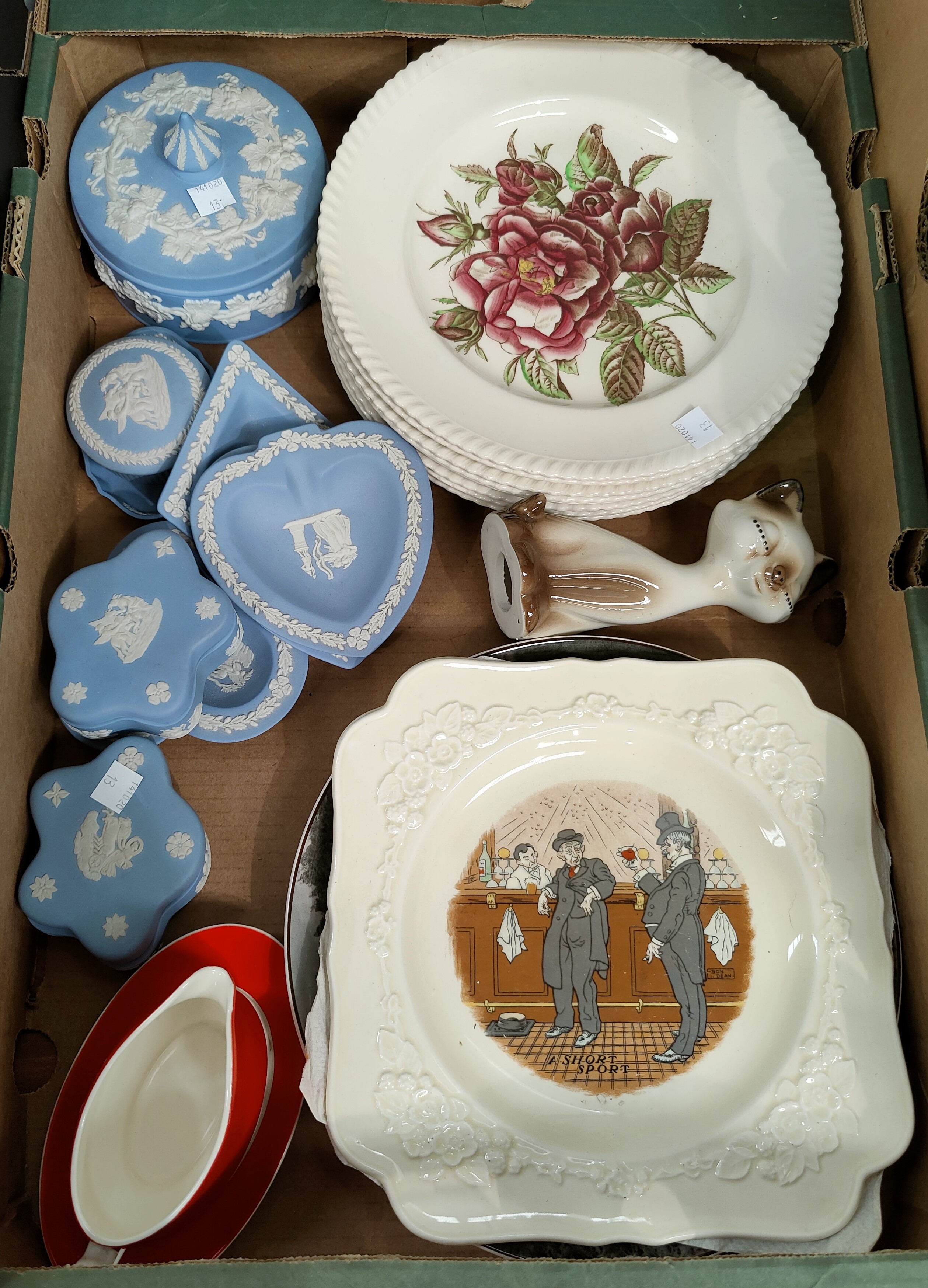Nine pieces of Wedgwood blue jasperware; decorative plates; a large majolica vase; etc.