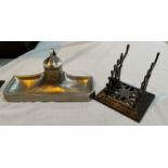 An Art Deco style pewter ink well and cast metal vintage desk pen holder