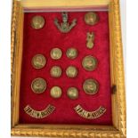 NORTH LANCASHIRE Regiment cap badge, Boer War collar badge, buttons etc framed