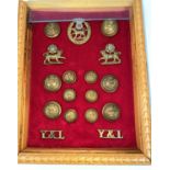 YORKSHIRE & LANCASHIRE Regiment cap badge, lapel badges, buttons etc framed