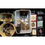 A deed box containing coins, boxed medallions etc