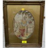 A late oval 18/19th century needlework on silk depicting a shepherdess h 23cm framed & glazed