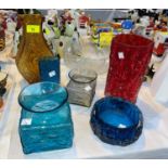 A collection of 7 Whitefriars style glass vases etc