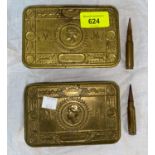 Two Xmas 1914 Princess Mary brass tins (each with bullet pencil)