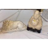 A resin Canova lion & Buddha; a 19th century mahogany jewelry box; a brass jam pan