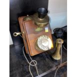 A GPO Number 1 wall mounting telephone with wooden case fittings in brass etc